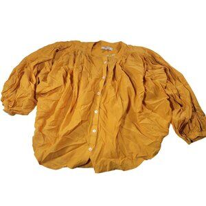 Madewell Women Yellow Shirred Button-Down Cotton Linen Blend Top Size S